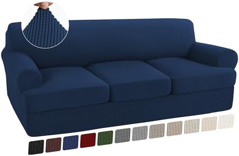 Turquoize 4 Piece T Cushion Sofa Slipcovers Stretch Couch Cover Furniture Covers with 3 Individual T Cushion Covers, Machine Washable (3 Cushion Sofa, Navy)