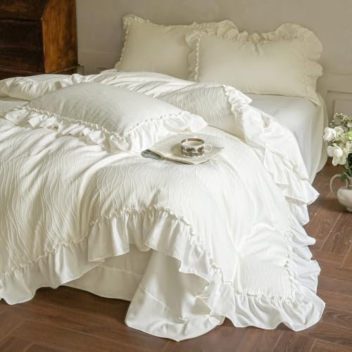 AOJIM French Chic Ruffled Duvet Cover Full Size Beige Wavy Jacquard Bedding Set 3 Pieces, Microfiber Zipper Comforter Cover and 2 Pillowcases Aesthetic Cottagecore Bedding Duvet Cover for All Seasons