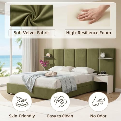 King Bed Frame with Storage & Built-in Nightstands & Drawers, Grayish Olive