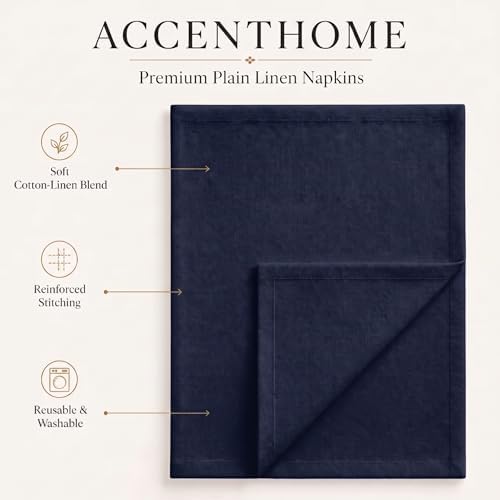 ACCENTHOME Navy Cotton Linen Napkin Set of 6 18x18 inch Dinner Napkins