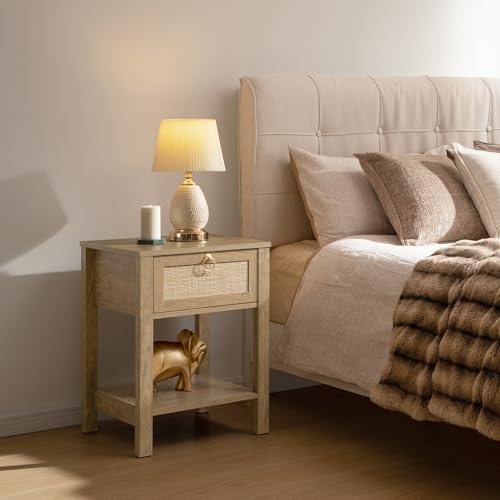 SICOTAS Rattan Nightstand with Storage Shelf, Boho Bedside Table End Table