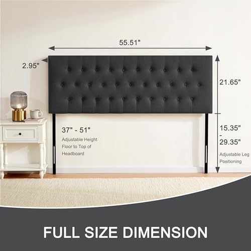 Tufted Upholstered Headboard Full Size, Adjustable Height 37- 51 in, Black