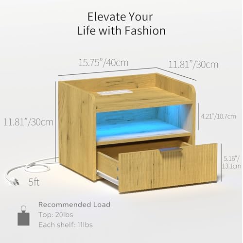 Veegle Floating Nightstand with Charging Station and LED Lights (Yellow Oak)