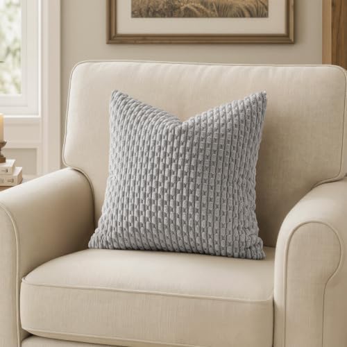 MIULEE Decorative Throw Pillow Covers 18x18 Light Grey Textured Corduroy