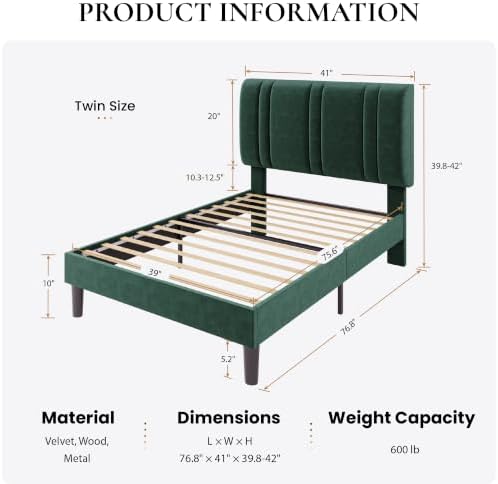 SHA CERLIN Twin Size Velvet Bed Frame with Adjustable Headboard, Green