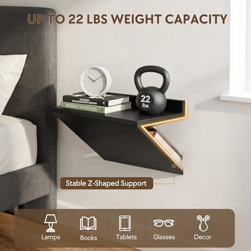 Floating Nightstand Set of 2 Black Wood Bedside Table Wall Mounted