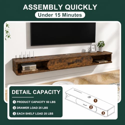 GHC Floating TV Stand, 70'' Wall Mounted TV Cabinet, Floating Shelves with Door, Media Console for DVD Player, Space-Saving Under TV Shelf for Bedroom & Living Room (Rustic Brown)