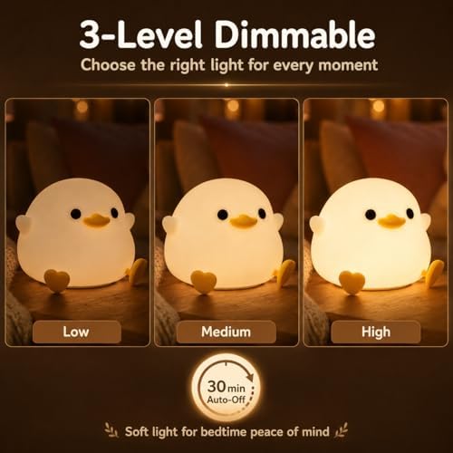 Ding Ding Duck Night Light, LED Squishy Novelty Animal Night Lamp, Food Grade Silicone 3 Level Dimmable Nursery Nightlight for Desk Decor, Funny Gifts Stuff for Boys Girls Baby, White Elephant Gifts