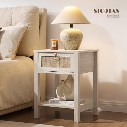 SICOTAS White Rattan Nightstand Set of 2 with Storage Shelf, Bedside Tables