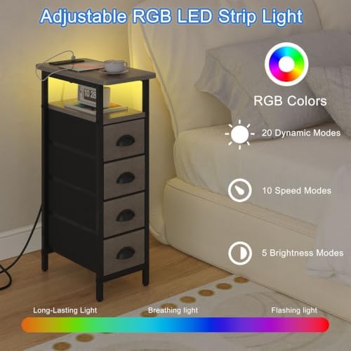 sthmec Side Table with Charging Station, Narrow End Table with 4 Drawers, LED Nightstands with Fabric Drawers,Slim Sofa Couch Side Tables for Small Spaces,Living Room,Bedroom, Grey