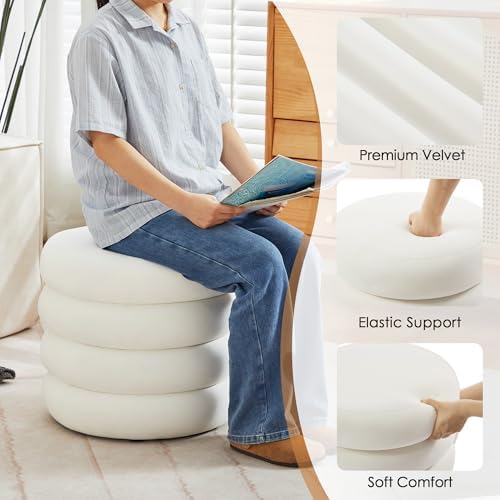 Velvet Storage Ottoman Set of 2, Compact Round Tufted Pair with Removable Lids for Lounge, Dorm and Entryway, Velvet White