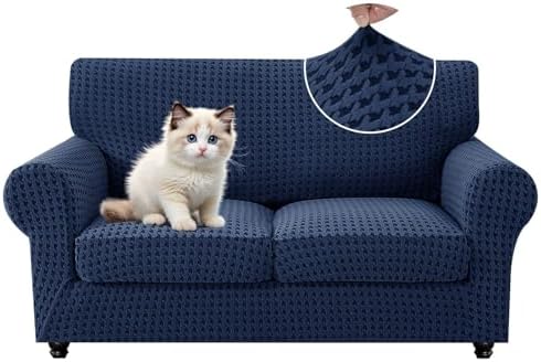 MAXIJIN 3 Pieces Stretch Sofa Covers for 2 Cushion Couch Loveseat Cover for Dogs Washable Love Seat Sofa Slipcovers Thick Soft Furniture Protector with Non Slip Strap (Navy Blue, 55"-69")