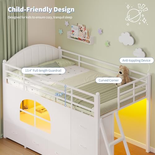 DICTAC Low Loft Bed Twin Size with 8 Storage Drawers, LED Lights, Twin Loft Bed with Upholsterd Headboard, Inclined Ladder&Play Curtain, Kids Loft Bed with Safety Guardrail, Under-Bed Play Area, White