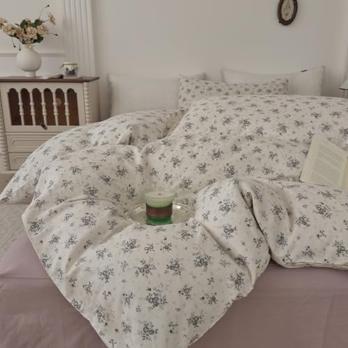 Floral Duvet Cover Queen Cotton Double Gauze Comforter Cover Queen Size Aesthetic Boho Cottagecore Vintage Duvet Cover Set with Zipper Country Soft Bedding Set for Girls Duvet Protector