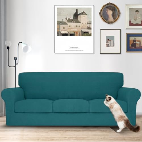 MAXIJIN 4 Piece Couch Covers for 3 Cushion Couch Sofa Covers, Stretch Couch Slipcovers for Sofas with 3 Cushions, Thick 3 Seat Furniture Protector for Dogs Pet (71"-91", Teal)