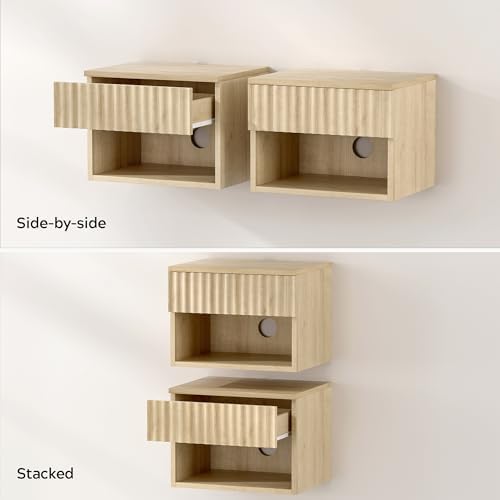 EYYTHUNG Small Floating Nightstand with Drawer, Modern Night Stand with Fluted Door and Open Storage Shelf Wall Mounted Bedside Table for Bedroom, Entryway Light Oak