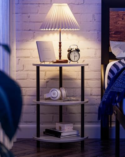 XBurmo Small Round End Table - 3 Tier Design Accent Table, Narrow Side or Bedside Stand, Industrial Vintage Nightstand for Bedroom, Living Room, or Small Spaces, Set of 2, Greige