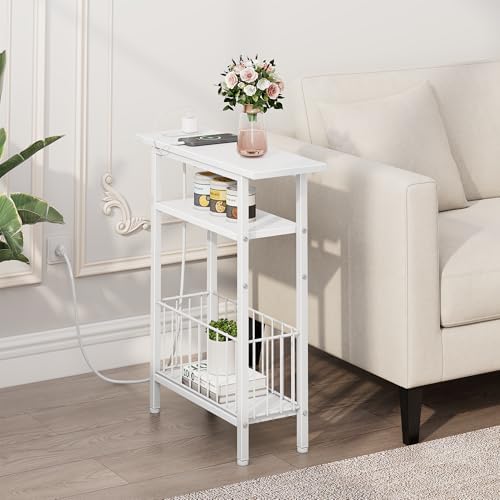 Vagusicc Narrow Side Table with Charging Station, Skinny Side End Table for Couch, 3-Tier Small End Tables for Small Spaces, 25.2" Tall Slim Nightstand Bedside Table for Living Room, Bedroom, White