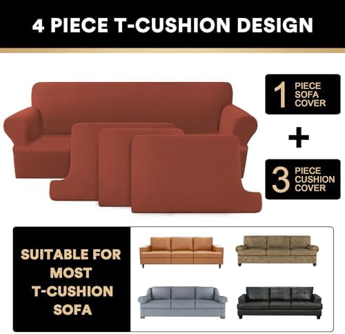 PrinceDeco T Cushion Sofa Slipcover 4 Pieces Sofa Covers for T Cushion Couch Soft Sofa Slip Covers Furniture Protector with 3 Individual T Shape Seat Covers Width Up to 88", Rust