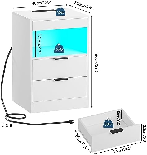 Yusong Night Stand, LED Nightstand with Charging Station, White