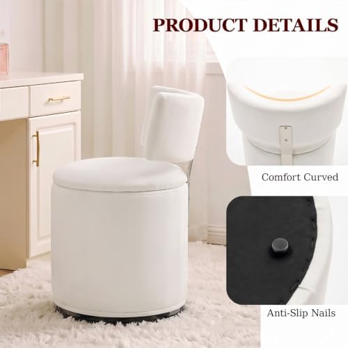 Swivel Vanity Chair with Storage, Velvet Makeup Stool with Higher Back for Living Room, Bedroom, Dressing, White