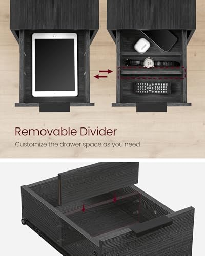 VASAGLE Side End Table with Charging Station, Slim Nightstand with Storage