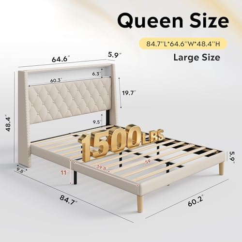WLIVE Queen Size Upholstered Bed Frame with 48'' Tall Wingback Headboard, Velvet Square Tufted Platform Beds with Charging Station, Sturdy Metal & Wooden Slats Support, Beige