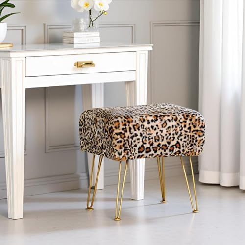 Leopard Print Square Ottoman 17"x17"x17" Faux Fur Entryway Bench Footrest Stool Accent Seating Cheetah Furry Ottoman Bedroom Vanity End of Bed for Bathroom Living Room Decor