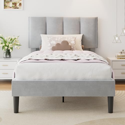 VECELO Twin Size Bed Frame with Upholstered Headboard, Light Grey