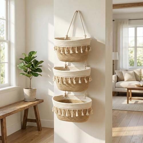 Over the Door Organizer, 3-Tier Cotton Rope Hanging Storage Basket