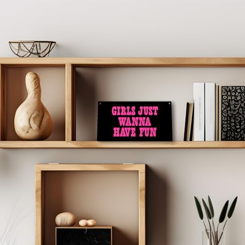 Hot Pink Preppy Girls Just Wanna Have Fun Printed Wood Plaque Sign Wall Hanging,Trendy Preppy Hanging Wall Signs for Girls Room College Dorm Bachelorette Party Decor 12 x 6 Inches Home Décor Accents（Black）