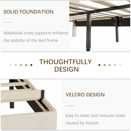 VECELO Full Size Bed Frame with Diamond Tufted Headboard, Upholstered Platform Bedframe with Wood Slat Support, No Box Spring Needed, Pala Beige
