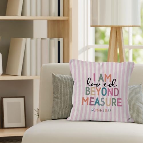 Boho Inspirational Christian Nursery Throw Pillow Cover 18x18, Religious Bible Verse Decorative Pillow Covers for Kids Girls Room Bedroom Playroom, Pink Striped Accent Pillows Cover Pillowcases