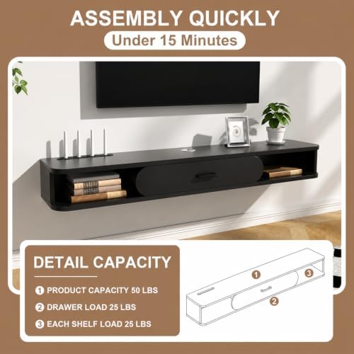 GHC Floating TV Stand, 55'' Wall Mounted TV Cabinet, Floating Shelves with Door, Media Console for DVD Player, Space-Saving Under TV Shelf for Bedroom & Living Room (Black)