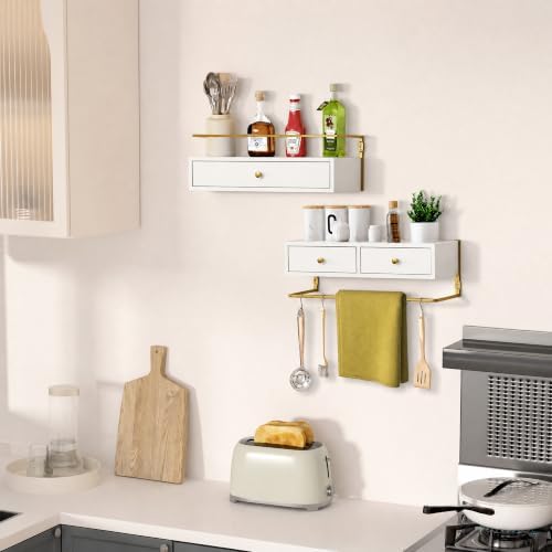 Floating Shelves With Drawers Set of 2, Wall Mounted Storage for Bathroom