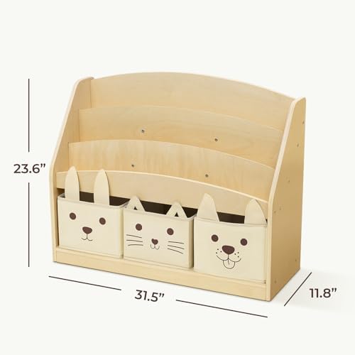 OOOK Kids Wooden Bookshelf with 3 Storage Box, 3-Tier Montessori Bookshelf
