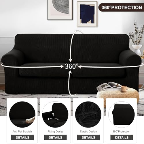 U-NICE HOME 3 Pieces Stretch Couch Cover Sofa Slipcover, Black