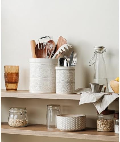 Kitchen Utensil Holder Set of 2, 7"+5.2" Inches Large Ceramic Utensil Holder for Countertop, Lace Emboss Cooking Utensil Crocks for Kitchen, Home Decor, Off-White