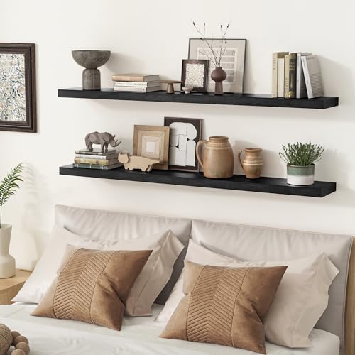 fuqing 48 Inch Floating Shelves, 6.7 Inch Deep Black Wall Shelves Set of 2