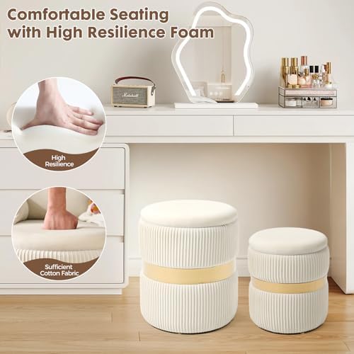 Round Ottoman with Storage Set of 2 White Velvet Vanity Stool