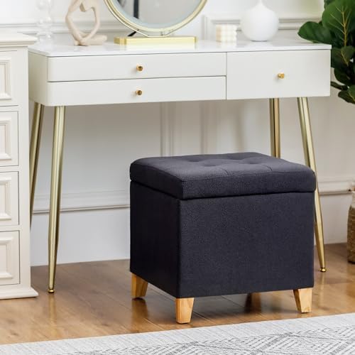 Adeco Storage Ottoman Bench with Hidden Storage, Dark Grey Cotton Linen Upholstered Tufted Footstool with Solid Wood Legs and Hinged Lid, 17.7" Square Cube for Living Room, Bedroom, Entryway
