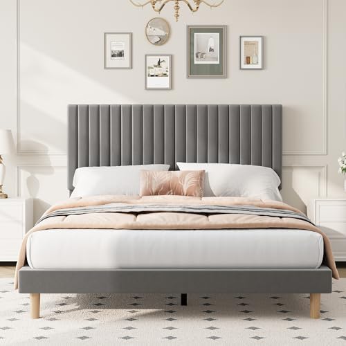 Full Bed Frame with Adjustable Headboard, Velvet Upholstered Platform Bed