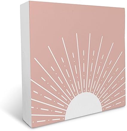 KU-DaYi Abstract Boho Sun Sunrise Sunshine Blush Pink Wood Box Sign Rustic Farmhouse Style Wood Block Plaque Decor for Bohemian Home Girls Room Wall Desk Shelf Decoration