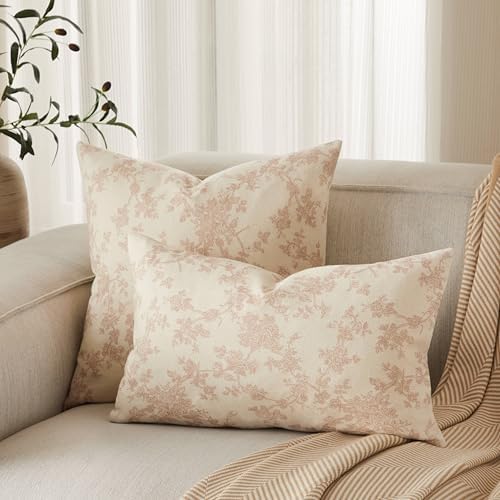 2 Pack French Floral Throw Pillow Covers 22x22in, Taupe/Cream