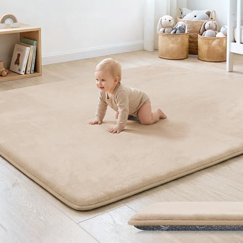 1.3" Thick Baby Floor Play Mat 59x71, Basic Padded Foam Mat for Tummy Time Crawling, Non Slip Cushioned for Babies Toddlers Infants Kids (Beige)