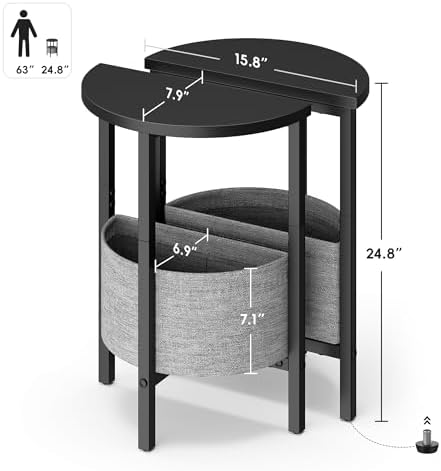 Vagusicc Small Round Side Table End Table, Tall Accent Table with Storage Basket, Set of 2 Half Round Tables Half Moon Tables, Coffee Bedside Tables, Modern Nightstand for Living Room Bedroom, Black