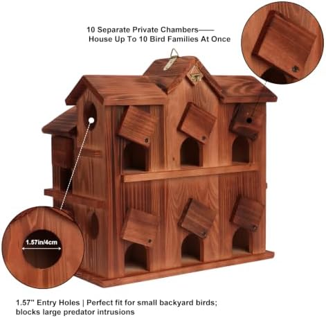 10-Room Bird House for Outside, Carbonized Wood Birdhouses for Outdoor