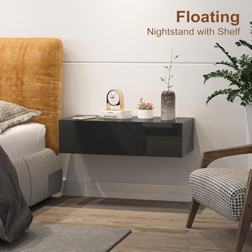 HedoAjim Black Modern Floating Wall Mounted Nightstand with Drawer Storage Wood Bedside Table Small Wall Shelf for Bedroom Living Room