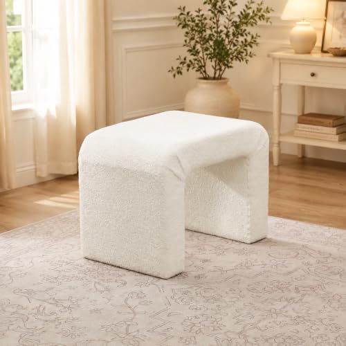 Modern Boucle Ottoman Footstool, 24" Arched Upholstered Vanity Stools for Makeup Room, Small Foot Rest for Entryway, Living Room, Bedroom (Fully Assembled)，White