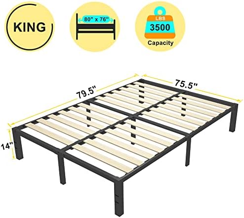 14 Inch King Size Bed Frame with Wood Slats & 4 Mattress Baffles